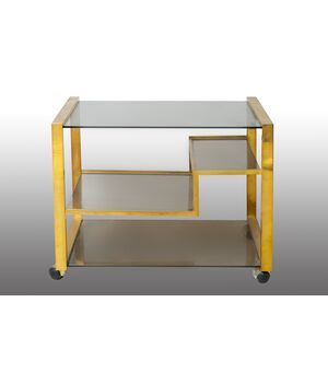 Carrello in ottone e cristallo acidato attribuito a Romeo Rega per Saporiti. Periodo anni 70.