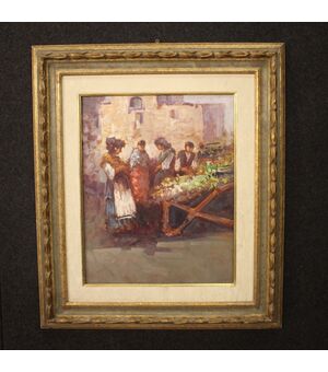 Dipinto italiano scena popolare con personaggi del XX secolo