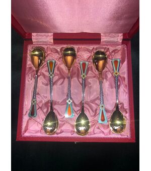 Set of six silver and enamel teaspoons.Russia.     