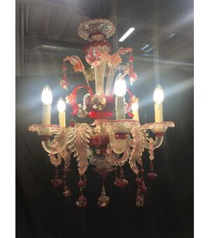 Murano glass chandelier with 6 ruby red flames     