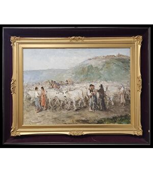 Olio su tela Gaetano Bocchetti (1888-1990) Raffigurante Pascolo con Personaggi