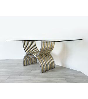 Tavolo da pranzo in acciaio, ottone e vetro - 1970