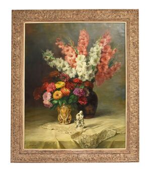 DIPINTI ANTICHI FIORI DI IRIS E GERBERE, GRANDE OLIO SU TELA, ART DECO, JULIEN STAPPERS. (QF674)