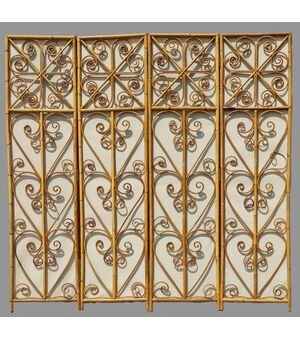 Paravento pieghevole in bambù e rattan, anni ’50