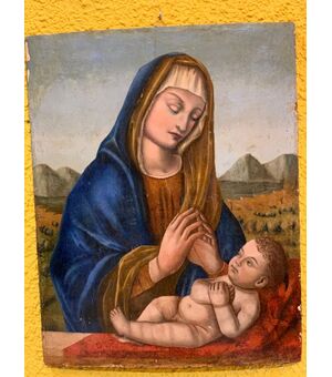 Panel painting depicting Madonna with Child.     