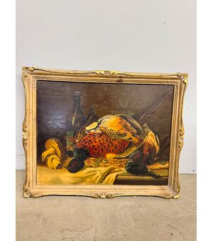 Antico olio su tavola raffigurante natura morta e cacciagione 1940, 42x51cm 