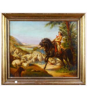 Olio su tela inglese del 1900 firmato olio su tela inglese "Pastore con gregge"