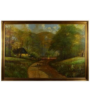 Antico grande dipinto olio su tela di inizio 1900 firmato raffigurante sentiero e casa nel bosco Nord Europa