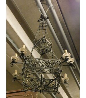 lamp172 - lampadario in ferro, XIX/XX secolo, misura cm l 80 x h 130  