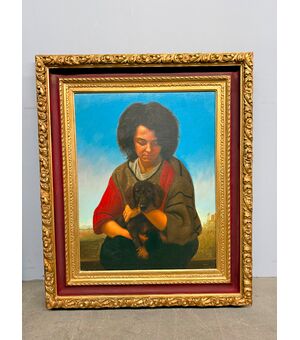 Olio su tela, ragazza e cagnolino 1987 Giancarlo Pignataro, 98x82cm
