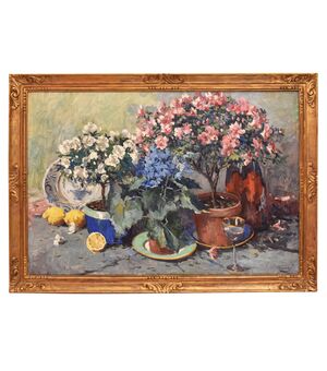 DIPINTI ANTICHI CON FIORI DI ROSE E AZALEE, NATURE MORTE, OLIO SU TELA, INIZIO NOVECENTO, ART DECO. (QF682)   
