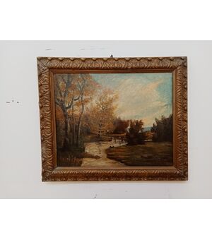 Quadro olio su tela paesaggio campagna con fiume - Galbusera Giovacchino - 900