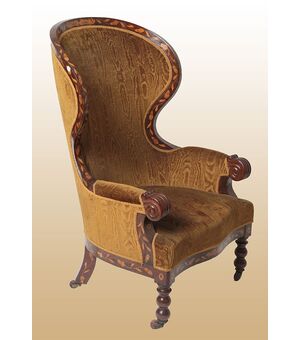 Poltrona bergere olandese di inizio 1800 in mogano intarsiata