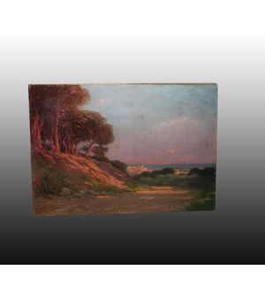 Olio su tela francese paesaggio Una pineta in riva al mare - Joseph Perrachon 1883 - 1969