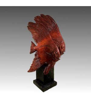 GUIDO CACCIAPUOTI, Two fighting fish and shell, red enamel stoneware sculpture     