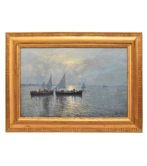 DIPINTI ANTICHI ITALIANI, FAUSTO PRATELLA, MARINA AL TRAMONTO, OLIO SU TELA, PITTORI DEL 900. (QM688)