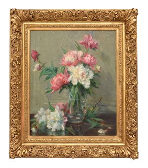 DIPINTI ANTICHI DI FIORI, NATURE MORTE CON VASO DI PEONIE, OLIO SU TELA, INIZIO XX SECOLO. (QF689)