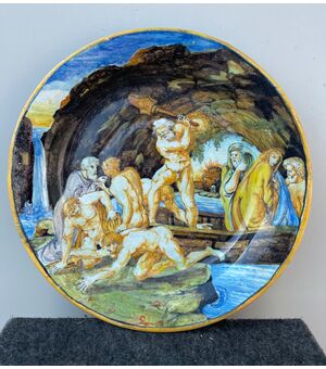 Majolica plate with historiated decoration from the Divine Comedy with scene description.Manifattura di Angelo Minghetti.Bologna.     