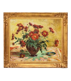 QUADRI ANTICHI, ART DECO, NATURA MORTA, FIORI DI MARGHERITE ROSSE, OLIO SU TELA, XX SECOLO. (QF690)