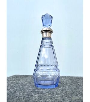 Art d&#39;eco style beveled and faceted glass bottle with silver neck Italy.     