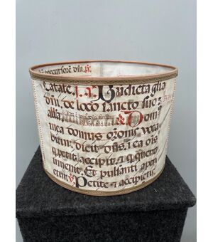 Parchment lamp shade made from antiphonary pages.     