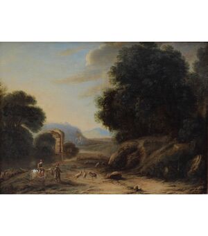 Paesaggio con figure, dipinto ad olio del XVIII secolo