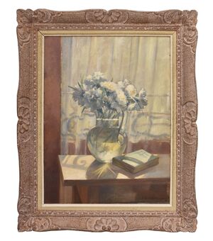 DIPINTI ANTICHI DI FIORI, NATURE MORTE CON VASO DI GAROFANI BIANCHI, OLIO SU TELA, INIZIO XX. (QF691)   