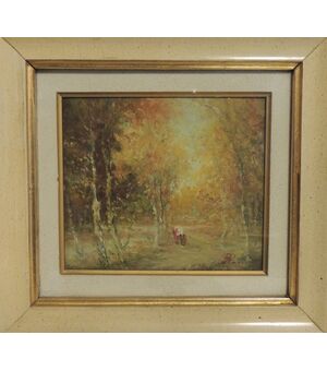 Dipinto a olio con bosco, cm 15 x 14