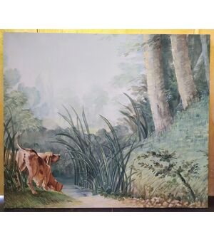 Grande dipinto su tela "Segugi nel Bosco" Italia - XX sec.