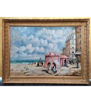 Grande dipinto olio su tela "Spiaggia" firmato - Italia, XX sec.