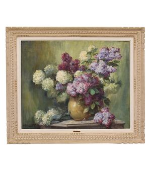 DIPINTI ANTICHI DI FIORI, VASO DI LILLÀ, NATURA MORTA, OLIO SU TELA, ART NOUVEAU, INIZIO DEL 900. (QF698)