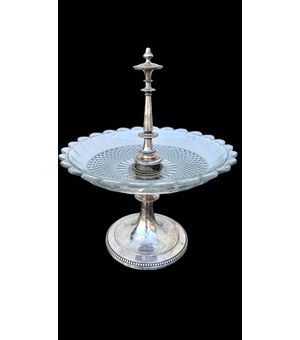 Centrotavola - porta frutta in metallo argentato con coppa in cristallo smerigliato.Christofle.Francia.