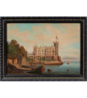 Pittore italiano (inizi XX sec.) - Trieste, veduta del Castello di Miramare con la bandiera italiana.