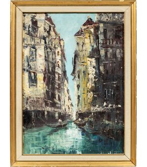 Pittore veneziano (inizi XX sec.) - Veduta di Venezia con canale e gondole.