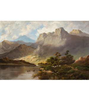 J. M. Ducker (British, inizi XX sec.) - Paesaggio montano con lago e pecore.