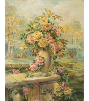 Pittore francese (datato 1919) - Natura morta con vaso di rose.