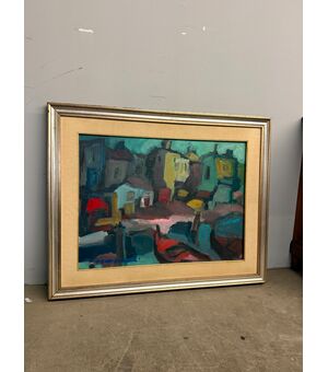 Dipinto materico paesaggio case moderno anni '60, 80x60cm