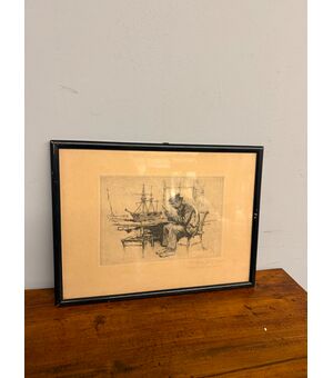 Antica incisione Gordon Grant, 41x31cm 1927, personaggio al porto