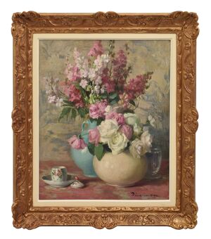 QUADRI ANTICHI, ART NOUVEAU, NATURA MORTA CON FIORI DI ROSA, OLIO SU TELA, XX SECOLO. (QF699)