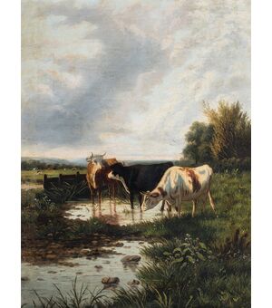 Pittore europeo (fine XIX sec.) - Paesaggio con mucche al pascolo.