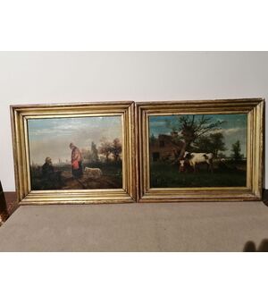 Coppia di dipinti emiliani dell'800 - Paesaggi con figure ed animali