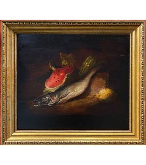 NATURA MORTA CON COCOMERO E MERLUZZO 800 OLIO SU TAVOLA