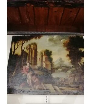Madonna con bambino, San Giovannino e San Giuseppe - Paesaggio con rovine - '600 - olio su tela