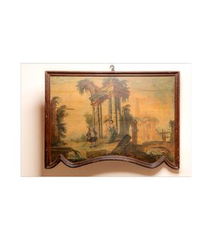 Capriccio del '700 su tavola con figure caricaturali e cornice sagomata