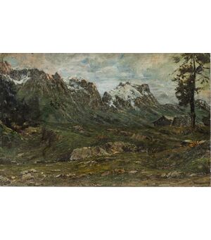 Dipinto fronte retro - Fronte con paesaggio montano e retro con ritratto femminile - Italia '800 - olio su tela