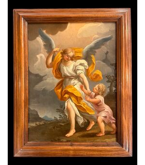 Dipinto olio su tela raffigurante Angelo custode con bimbo.