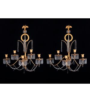 Coppia di importanti Appliques in bronzo dorato e cristallo, Francia, 1805 circa