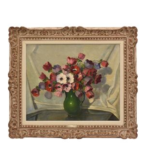 QUADRI ANTICHI, ART DECO, NATURA MORTA CON FIORI, ANEMONI E PAPAVERI, OLIO SU TELA, XX. (QF702)