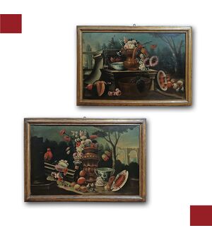 COPPIA DI DIPINTI CON NATURE MORTE FINE XVII SECOLO