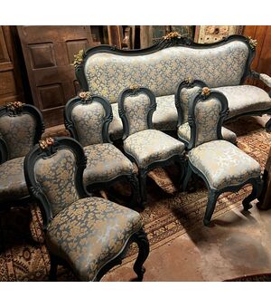 PANC131 - Salotto Liberty composto da 6 sedie, 2 poltrone, divano e consolle, epoca '900